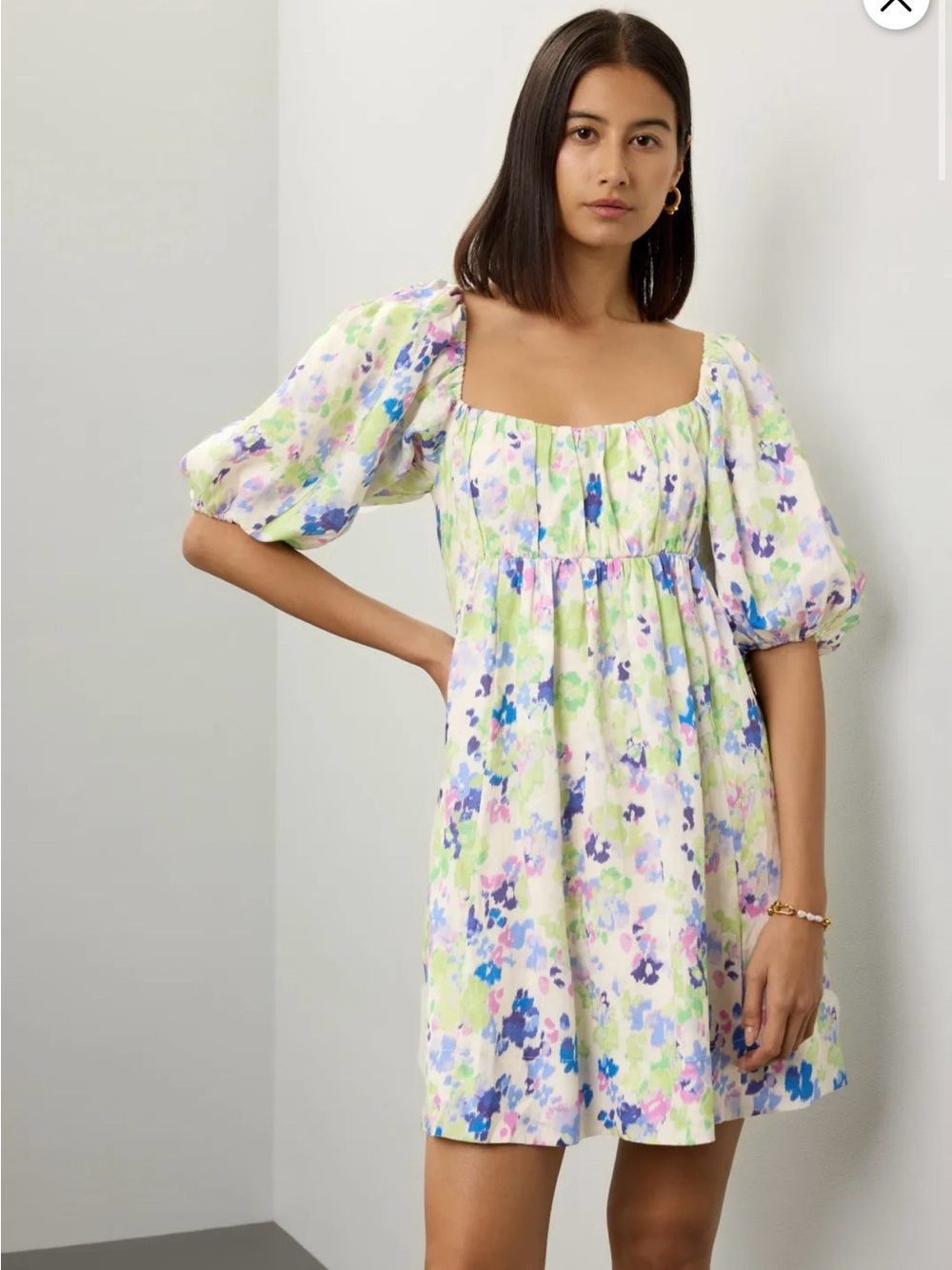 Square-Neck Puff Sleeve Floral Mini Dress - White/Multicolor